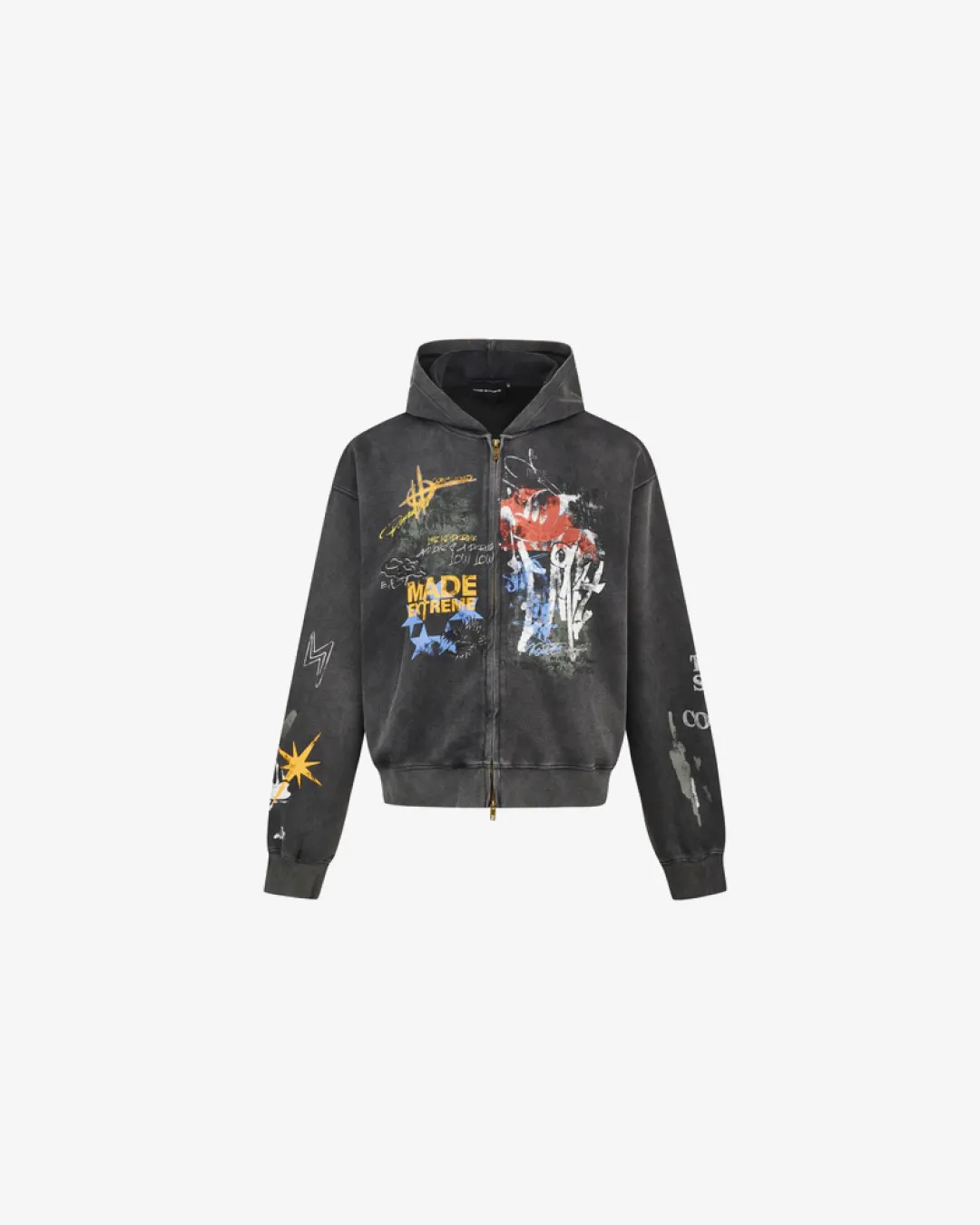 Street Graffiti Print Loose Zip-up Hoodie Black