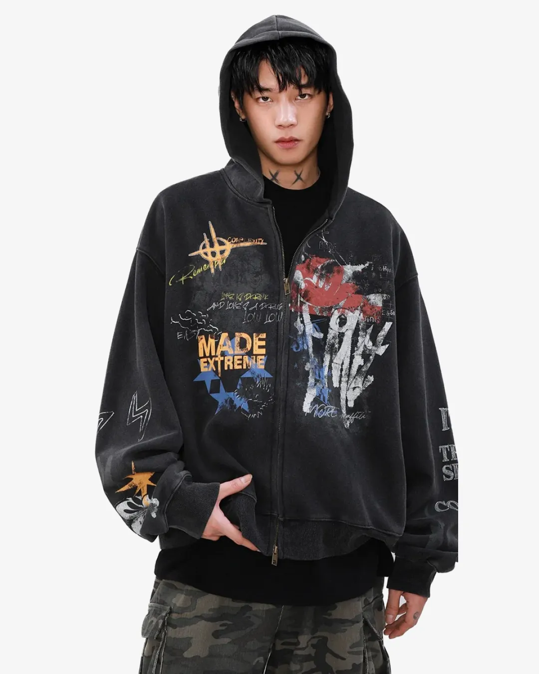 Street Graffiti Print Loose Zip-up Hoodie Black