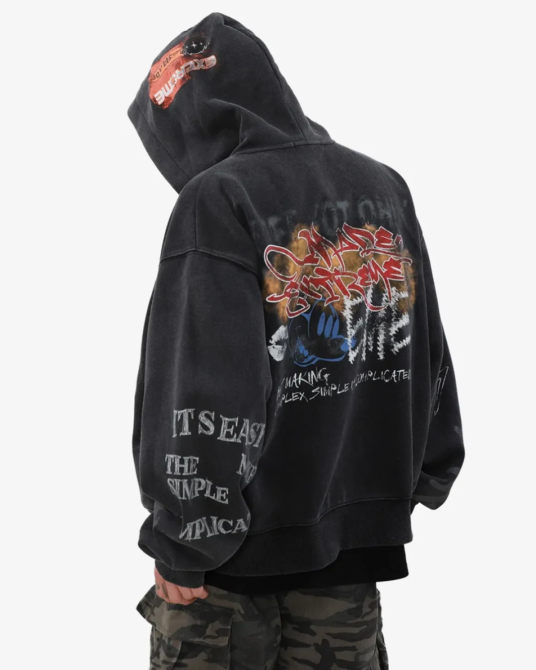 Street Graffiti Print Loose Zip-up Hoodie Black