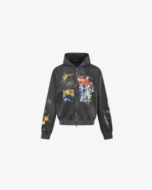 Street Graffiti Print Loose Zip-up Hoodie Black