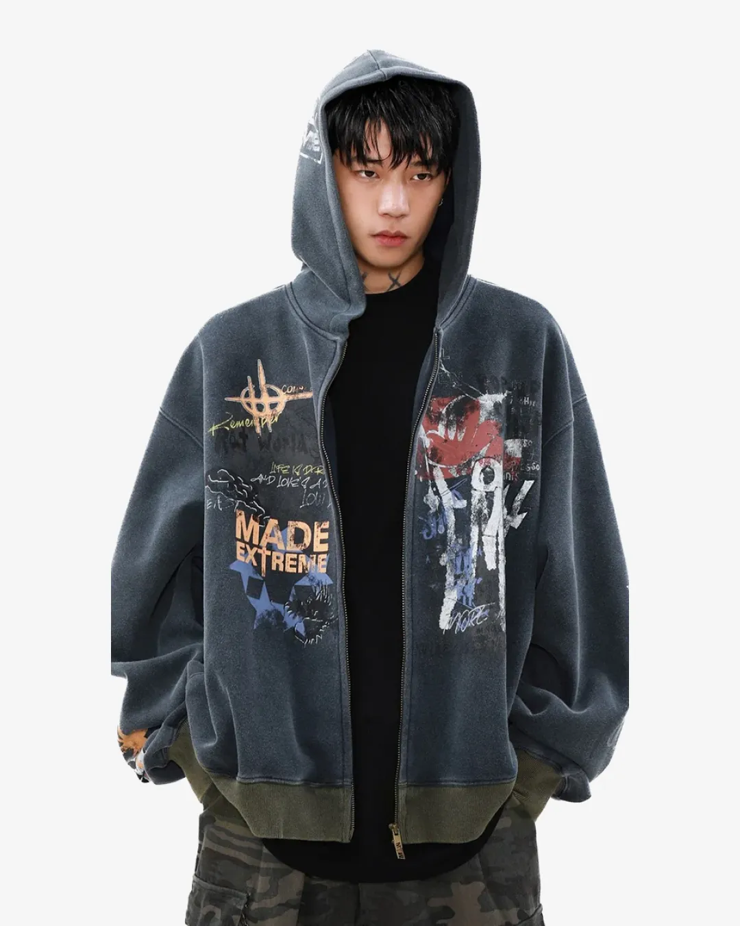 Street Graffiti Print Loose Zip-up Hoodie Blue