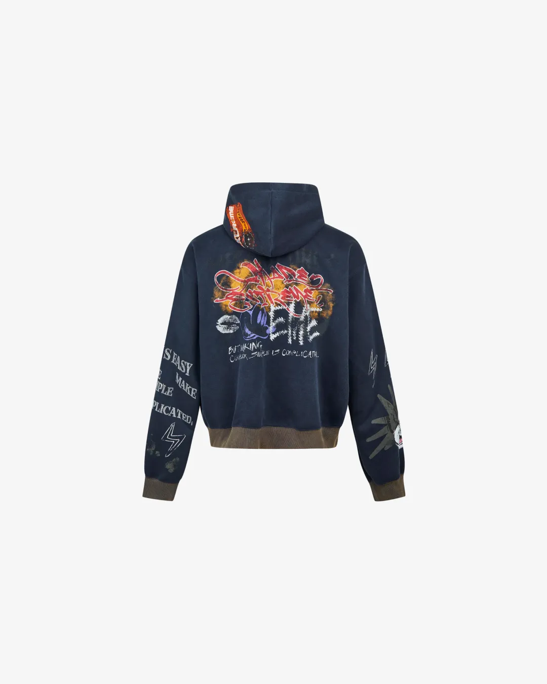 Street Graffiti Print Loose Zip-up Hoodie Blue