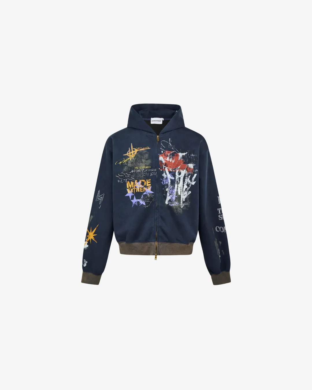 Street Graffiti Print Loose Zip-up Hoodie Blue