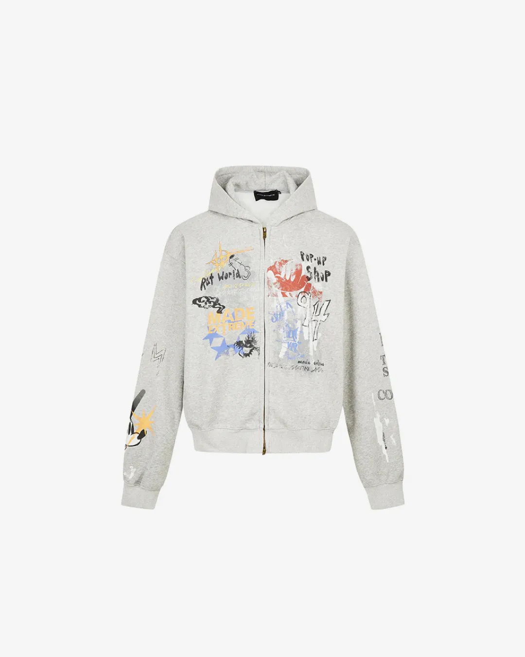 Street Graffiti Print Loose Zip-up Hoodie Grey
