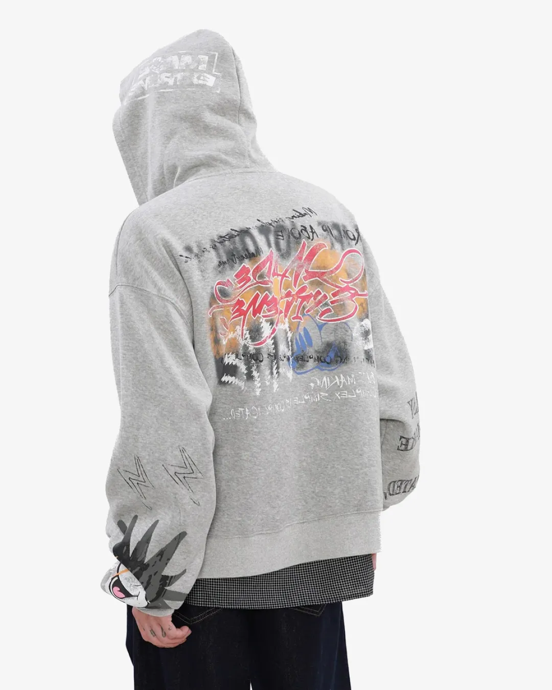 Street Graffiti Print Loose Zip-up Hoodie Grey