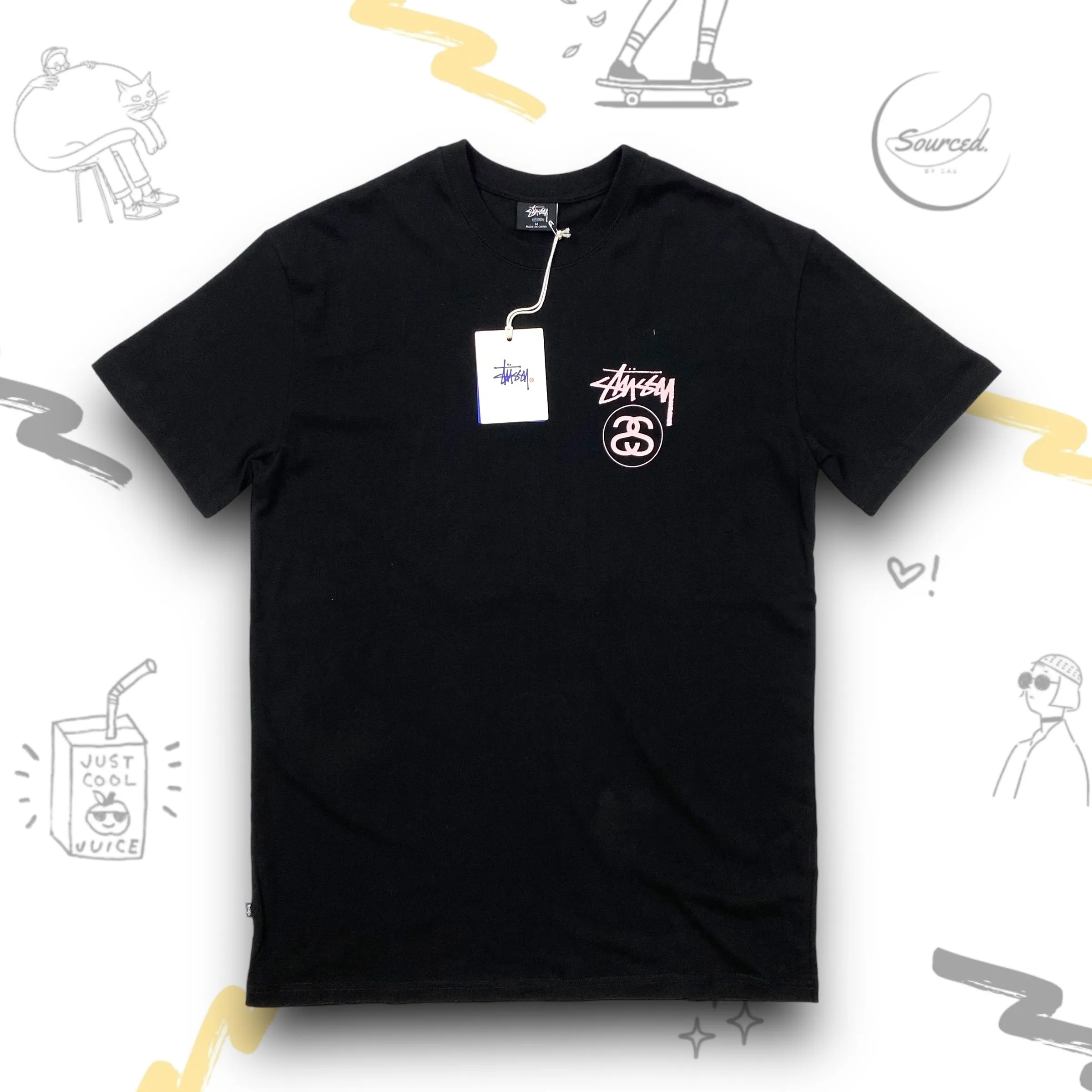 Stussy Black Double S light pink Print Graphic On The Back