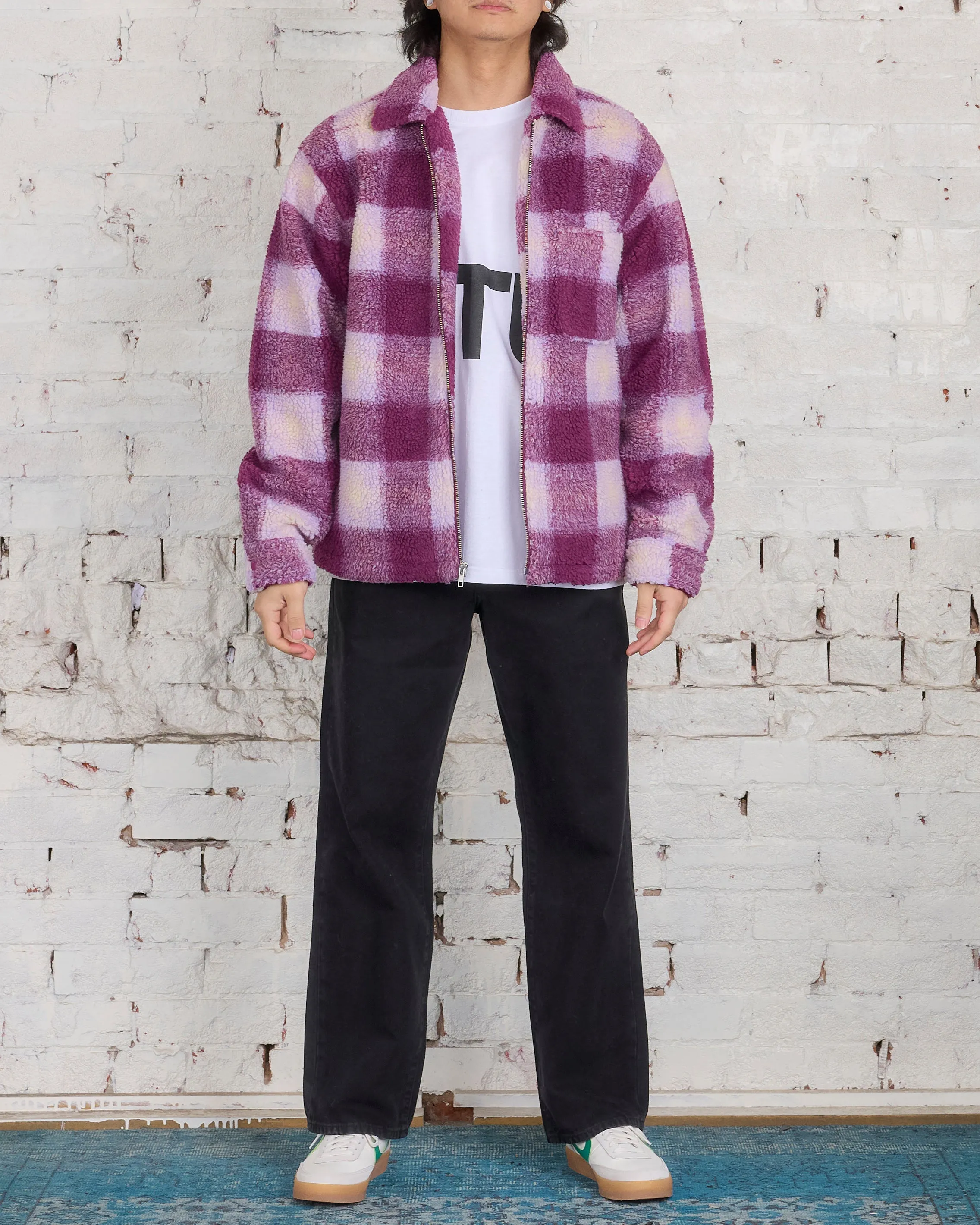 Stussy Zip Sherpa Shadow Plaid Jacket Berry