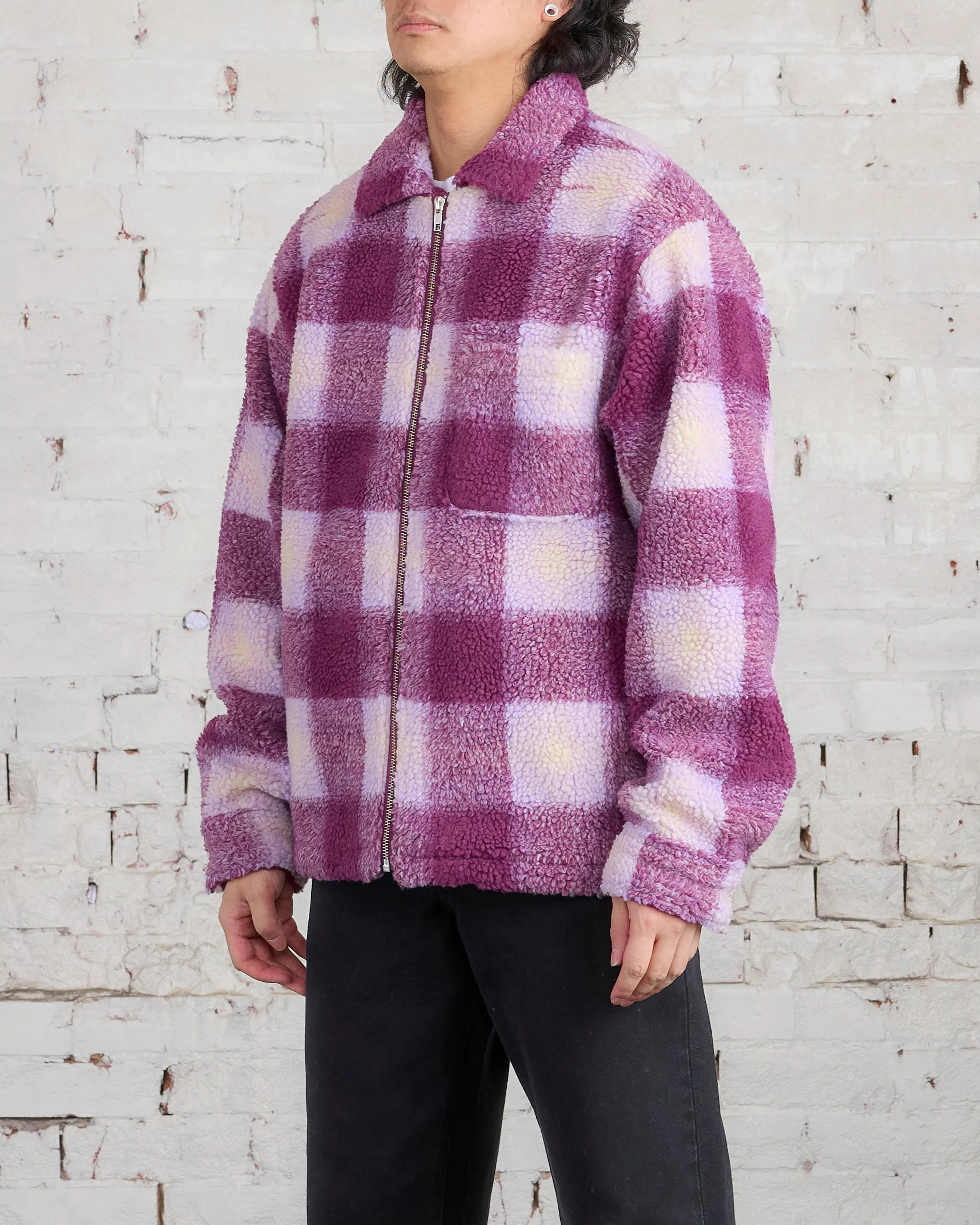 Stussy Zip Sherpa Shadow Plaid Jacket Berry